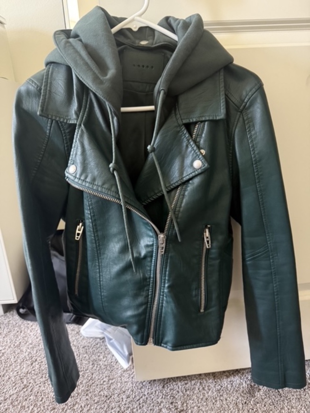 BlankNYC Vegan Leather Moto Jacket Forest Green w/ Removable Hood - Size Medium